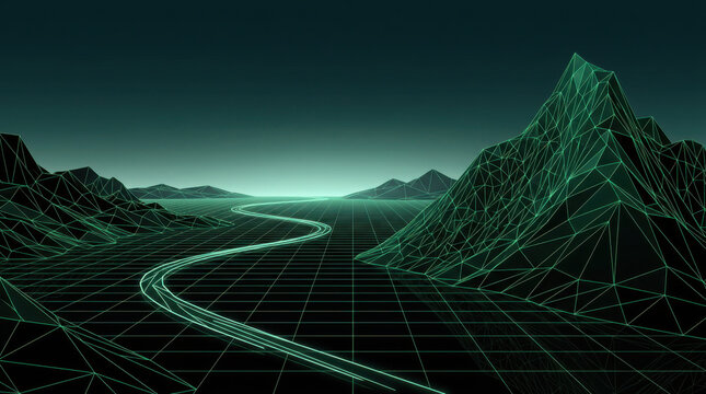 Futuristic green wireframe landscape with mountains and glowing roads in dark generated using ai