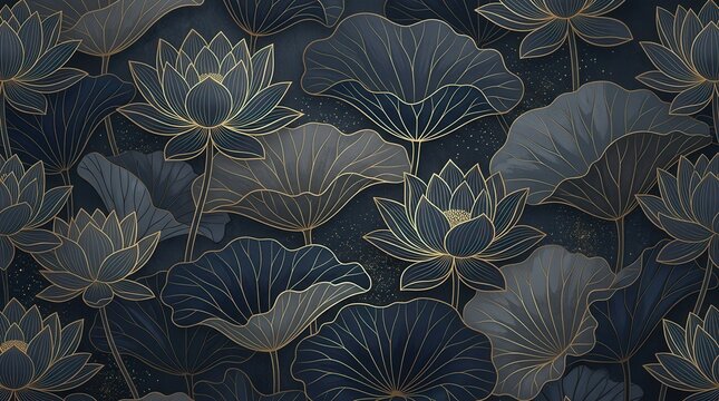 Dark botanical pattern background featuring gold leaves and flowers