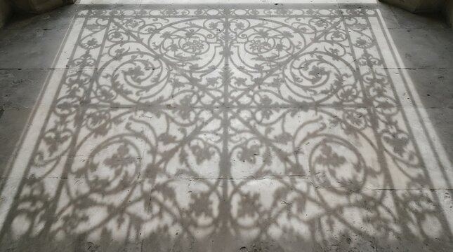 Intricate floral shadow cast upon smooth light gray stone floor surface