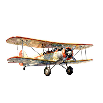 Watercolor painting of a vintage biplane on a white background with shadow