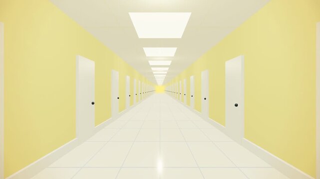 Endless perspective of a bright yellow liminal hallway with doors. 4K Video 3D Render