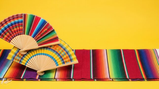A festive and cultural ambiance featuring a decorative setup of multicolored Mexican fans and a serape on a vibrant yellow background.