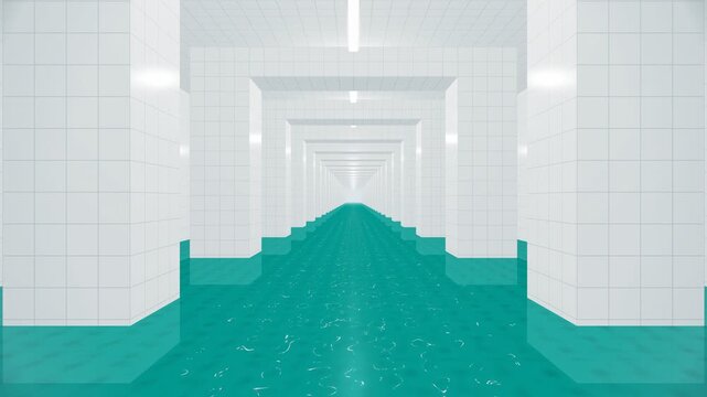 Surreal white tiled poolroom with blue water in a liminal space. 4K Video 3D Render