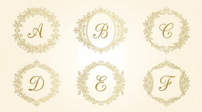 Set of six decorative golden alphabet letter monograms enclosed in circular floral wreaths for wedding invitations and luxury branding projects featuring intricate cursive calligraphy and ornate