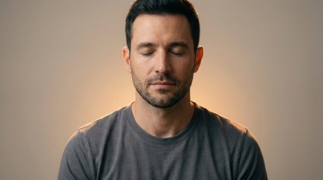Close up of a man meditating with eyes closed in warm atmospheric light conveying peace and introspection