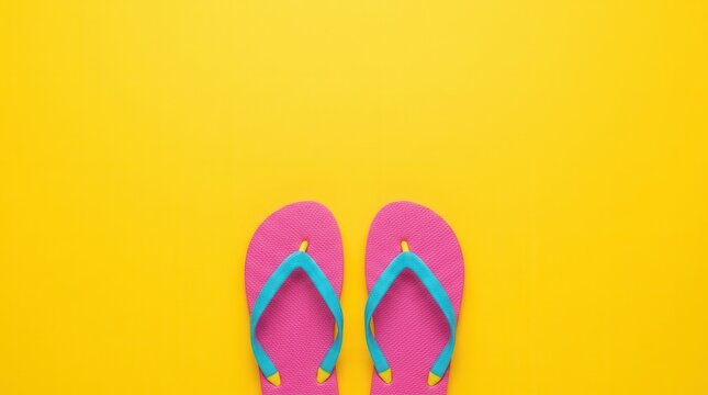 Vivid pink and blue flip-flops placed on a cheerful yellow backdrop evoking summer vibes and leisure activities