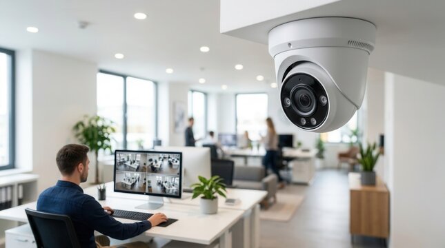 Modern home security camera providing surveillance in an office setting close-up