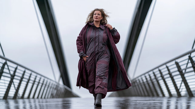 Woman walking on modern bridge in long coat