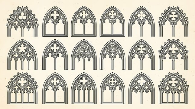 Historical Gothic Arch Window Frames Collection Featuring Ornate Stone Tracery Patterns Found In Medieval European Architecture For Architectural Restoration Projects And Classic Building