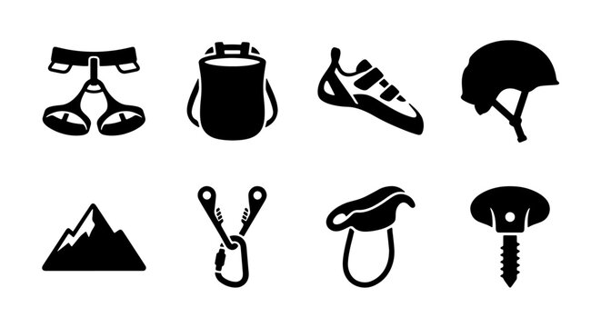 Rock Climbing Gear Icons Set, Mountain Adventure Equipment Vector Collection