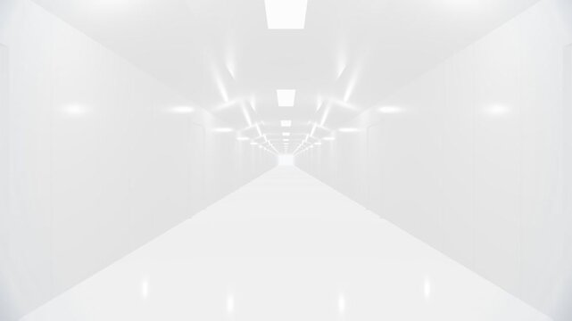 Gliding down a bright white infinite minimalist liminal corridor. 4K Video 3D Render