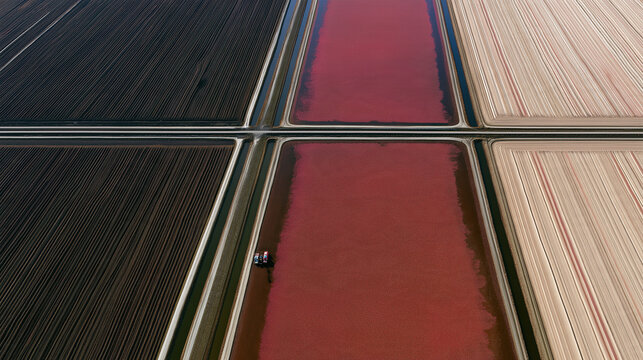 Aerial view of salt farm with red algae ponds and agricultural fields