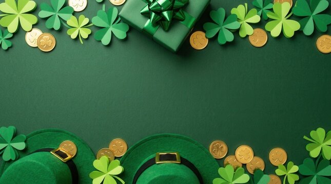 Vibrant vertical St Patrick's Day themed scene featuring shamrock shapes, gold coins, a green hat, and a wrapped gift.