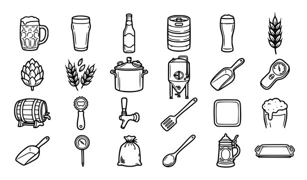 Hand Drawn Beer Brewing Elements and Equipment Vector Icons