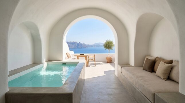 Luxury cave suite with indoor pool overlooking a sunny Mediterranean sea terrace, featuring white arched plaster walls and minimalist decor.