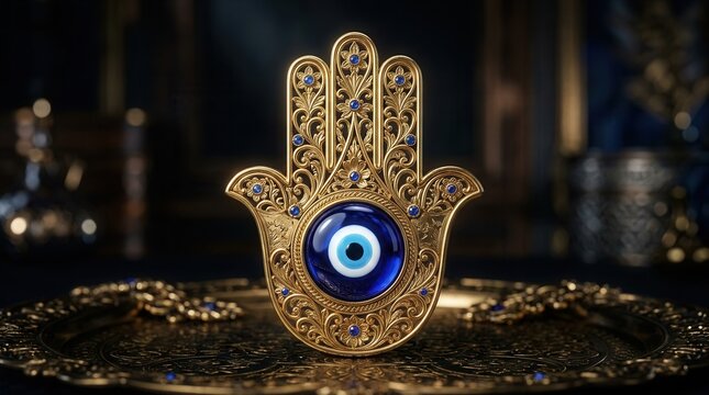 Golden hamsa hand with evil eye amulet.