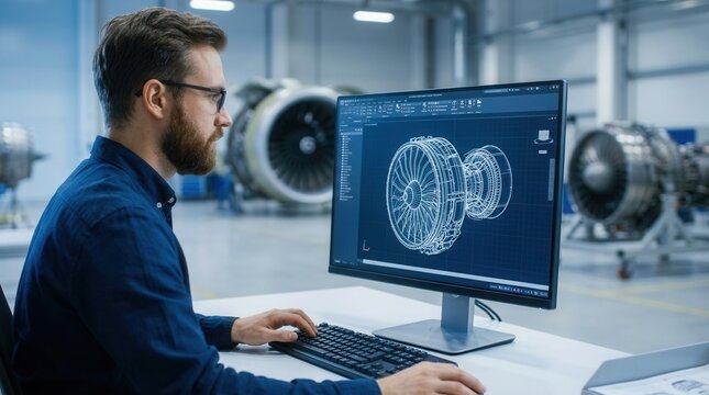 Aerospace engineer designing a jet engine on a computer screen in a modern industrial workshop with aircraft turbines.