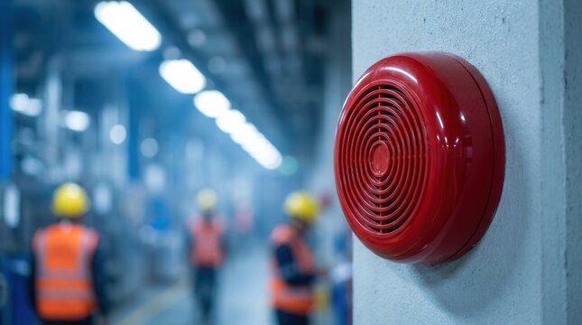 Red fire alarm horn strobe device mounted on wall