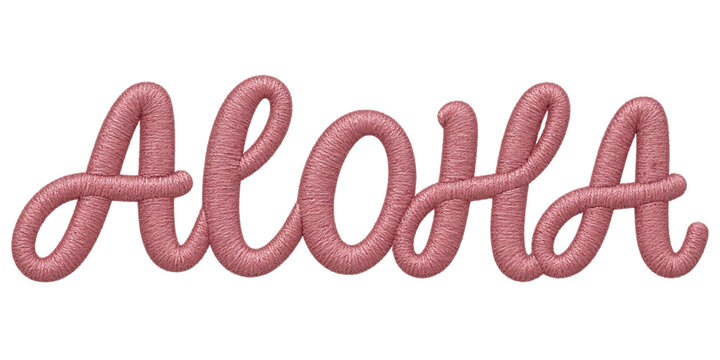 Pink embroidered aloha text isolated on a white background for tropical summer design projects