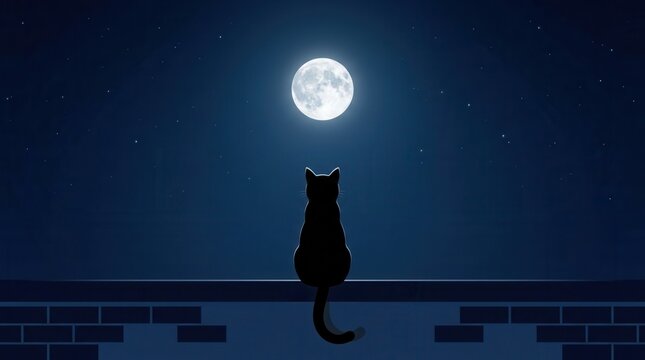 Silhouette of a cat on a rooftop under a full moon at night