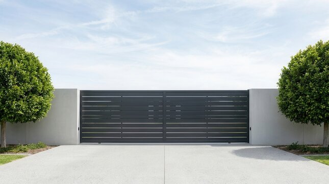 Modern driveway gate featuring a concrete wall and trees under a blue sky