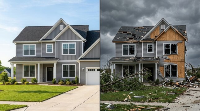 Before and after of a modern house with severe storm damage and repair