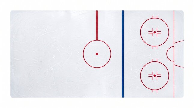 Close-up of ice hockey rink floor markings with blue and red lines and face-off circles