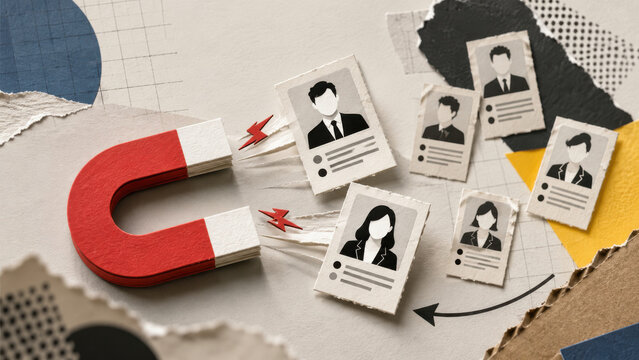 Talent attraction, recruitment and lead generation. Paper collage of a red magnet pulling in CV cards of candidates across bold geometric shapes in retro mixed media