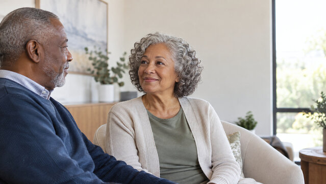 Older couple discussing a new chapter at home