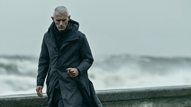Man walking along stormy ocean seawall in dark coat