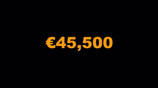 euro currency number counter animation from zero to one hundred thousand black background, 100,000 euro money number counter animation in 4k.