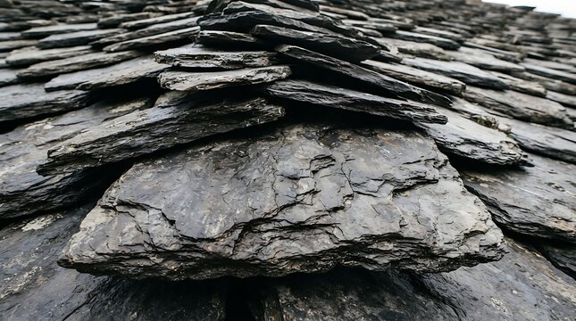 Detailed view of weathered dark grey slate roof tiles overlapping exterior