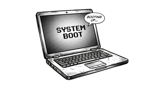 A hand drawn comic book style open laptop computer with computer featuring speech speech bubble booting text white background sketch open communication illustration information technology line