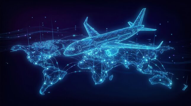 A glowing wireframe airplane flying over a digital global map with connection lines and glowing nodes on a dark blue background. Perfect for international travel and global.