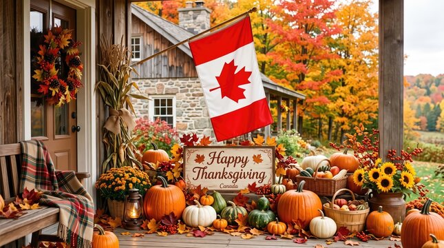 Thanksgiving porch decoration with Canadian flag, pumpkins, gourds, and autumn foliage
