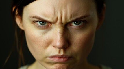 Fototapeta premium Intense Emotions: Portrait of a Person with Furrowed Brow in Warm Studio Light, Low-Angle Shot with Shallow Depth of Field, Filling the Frame