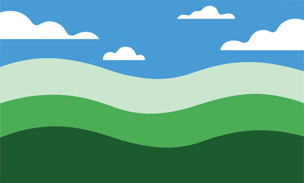 A simple flat vector illustration of rolling green hills under a bright blue sky with white fluffy clouds in the background