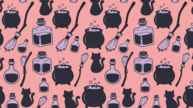 Seamless witch pattern with black cauldrons potion bottles broomsticks and cats on pink background in flat vector style