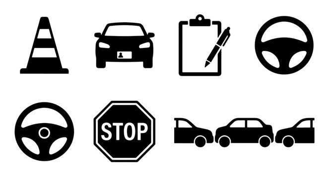 Driving School Icons: Car, Steering Wheel, Stop Sign, Cone, Clipboard, Vector Set