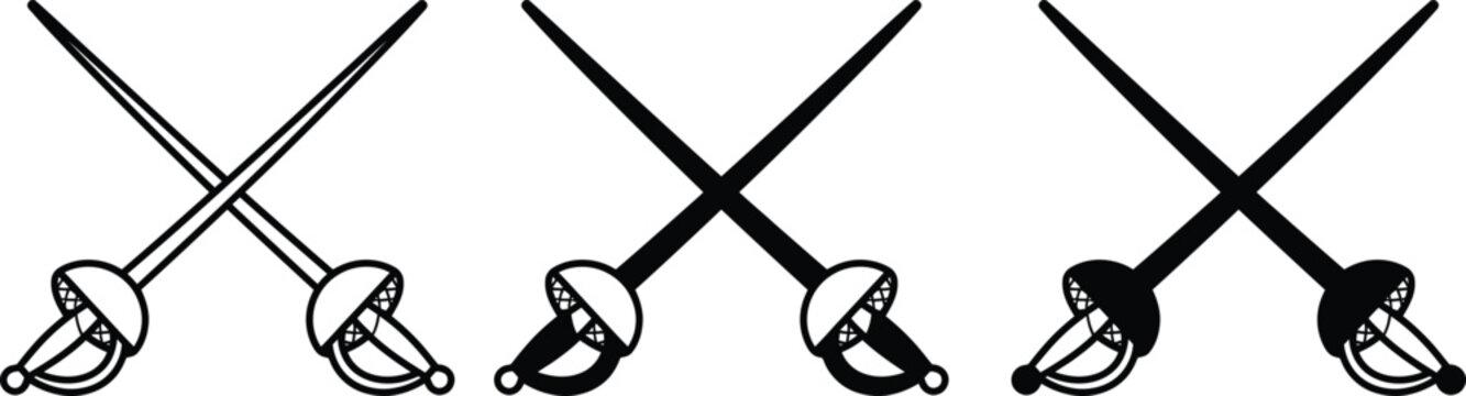 Crossed Fencing Sabers Icon Set, Rapier Sword Vector Illustration