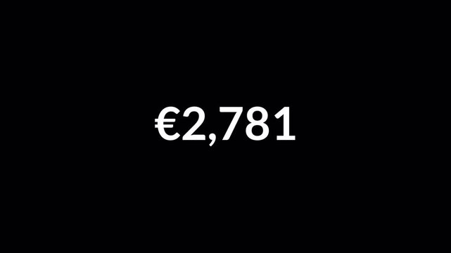 euro currency number counter animation from zero to five thousand on black background, 5,000 euro money number counter animation in 4k.