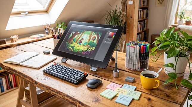 Professional Artist Home Office Workspace with Graphics Tablet and Creative Tools.