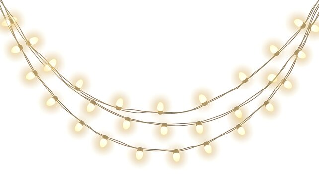 Hanging white fairy lights on transparent background. Draped string lights garland overlay. Festive holiday decoration element 
