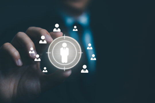 HR manager selecting a qualified candidate from a digital talent network, representing recruitment, hiring, employee selection, talent acquisition, and human resources management.