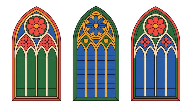 Stained glass window patterns set for gothic style cathedral design. Vector illustration of arched and round church frame with geometric pattern and rose motif, medieval religious architecture element