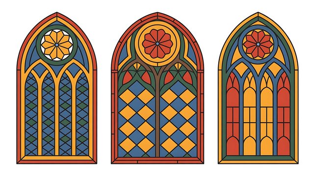 Stained glass window patterns set for gothic style cathedral design. Vector illustration of arched and round church frame with geometric pattern and rose motif, medieval religious architecture element