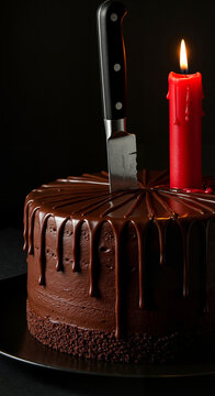 Chocolate cake with a knife and candle on a dark background  