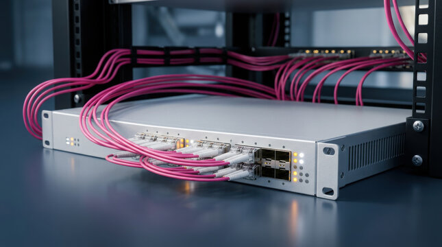 Network switch with connected pink fiber optic patch cables installed inside a generated using ai
