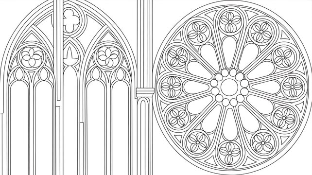 Stained glass window patterns set for gothic style cathedral design. Vector illustration of arched and round church frame with geometric pattern and rose motif, medieval religious architecture element