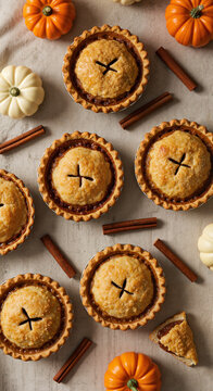 Pumpkin pies with spices and mini pumpkins on a light table  